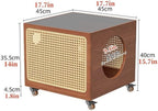 2-in-1 Cat Coffee Table Wood Rattan Side Cabinet with Glass Top Wheels Shared Pet-Human Furniture for Living Room Room Long-Lasting
