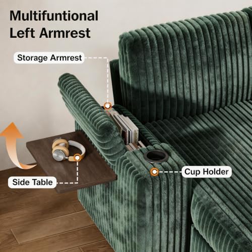 Vipbear 130" Modular Sectional Sleeper Sofa with Pull Out Bed, 9 Seat Corduroy L Shaped Couch with Ottoman and Chaise|USB Ports|Cup Holders|Side Table, Tool Free Assembly, Green