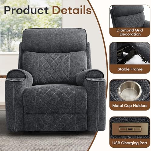 HAOMARKETS 3-Piece Power Recliner Sofa Set with Charging Port, Include Single Recliner Chair, 2-Seater Loveseat Reclining Couch and 3-Seater Reclining Sofa with Cup Holders for Living Room, Dark Grey