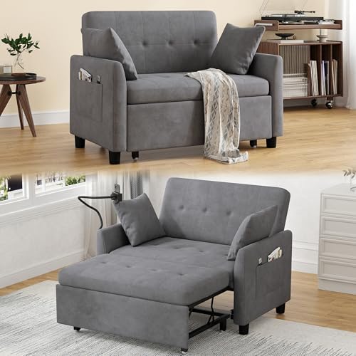 3 in 1 Convertible Pull Out Sleeper Couch Sofa Bed, Grey | Small Sleeper Sofa with Pillow, Adjustable Backrest Futon loveseat, Velvet Love Seat and Phone Holder for Living Room