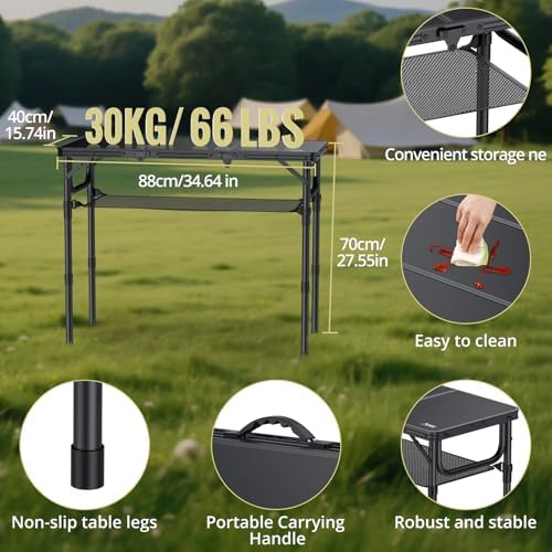 Anbte Folding Camping Table with Storage Net, 3ft Portable Table, 35" x 16" | Aluminum Folding Table, 3 Adjustable Height Max 27.5", Picnic Table For Indoor Outdoor Backyard Travel Tailgate, Pure Black