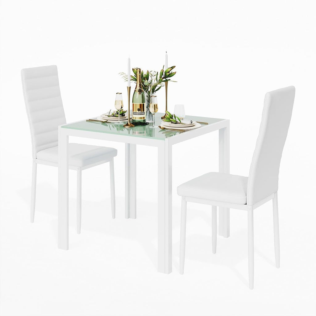 Gizoon 3 Piece Glass Dining Table Set, Kitchen Table and Chairs Set for 2 | PU Leather Modern Room Sets,Small Dining Table Sets,Space Saving Table and Chairs Set for Home, Kitchen,Living Room, White