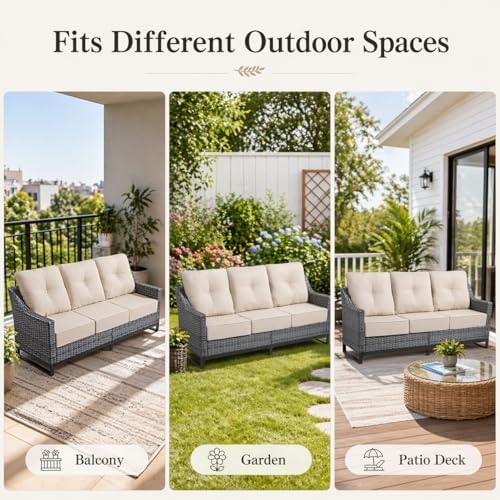 Outdoor Wicker 3-Seat Sofa, All-Weather PE Rattan Patio Couch with Cushions & Metal Frame for Backyard, Porch, Garden, Deck, Beige