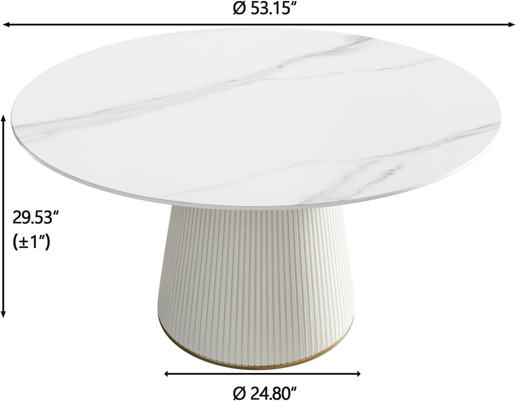Montary 53” Modern Round Dining Table for 4-6 People, Minimalist Artificial Marble Kitchens Table with Beige Plywood PU Base, Snow Mountain White Sintered Stone Top Dining Room Table