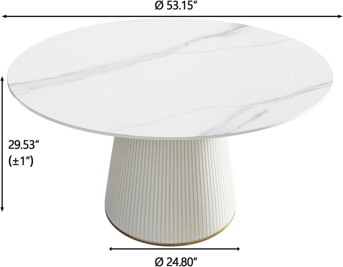 Montary 53” Modern Round Dining Table for 4-6 People, Minimalist Artificial Marble Kitchens Table with Beige Plywood PU Base, Snow Mountain White Sintered Stone Top Dining Room Table