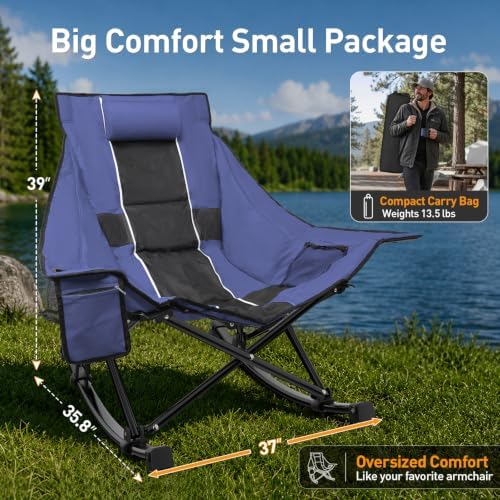 Slendor Oversized Rocking Camping Chair, High Backrest Folding Chair, Blue | 37" Wide, 330lbs | Smooth U-Shape Rocking Base | 600D Oxford, Removable Pillow | Side Pocket, Carry Bag, Quick-Fold