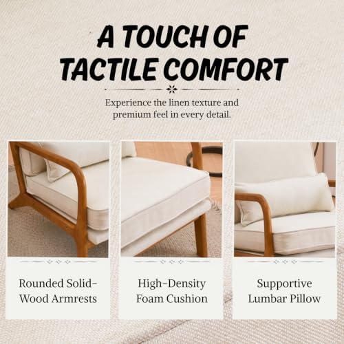 Karl home Mid-Century Modern Accent Reading Chair, Beige | Linen Upholstered, Solid Wood Frame, Soft Cushion, Lumbar Pillow, Lounge Armchair for Living Room, Bedroom, Balcony, Study