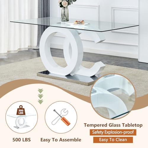 gopop Dining Table Set for 6, 7-Piece Glass Table with 6 PU Leather Chairs | 63" Rectangular Tempered Glass Table, Modern White and Sliver Base, High-Back Chairs for Dining Room and Kitchen