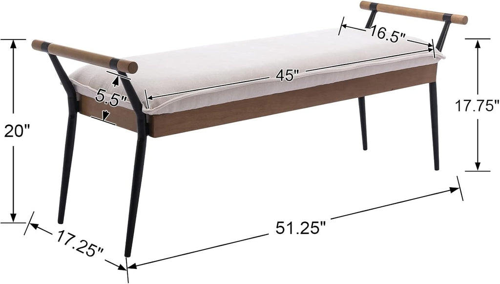 DUOMAY Modern Rectangle Ottoman Bench with Arms and Metal Legs, Mid Century Chenille Fabric Dining Table Bench Footstool Entryway Shoe Bench for Dining Room Bedroom Living Room, White