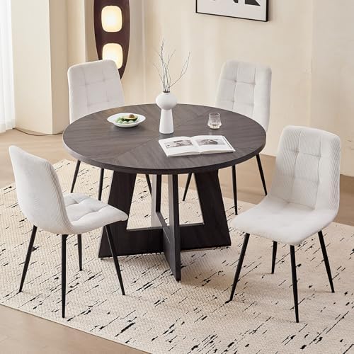 Corduroy Dining Chairs Set of 4, Modern Upholstered Fabric Kitchen Chairs with Metal Legs Adjustable Pads, White