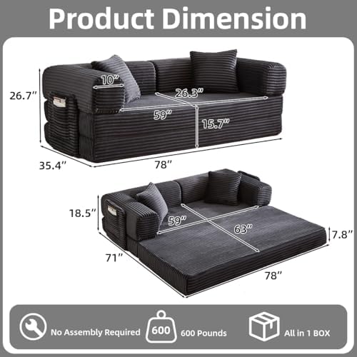 81 Inch Convertible Futon Sofa Bed,Fold Out Floor Sofa Couch with Fixed-Shape Frame,Corduroy Foldable Mattress Pull-Out Couches for Living Room (Dark Grey)
