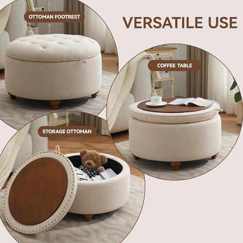 WUTUTUEE 30Inch Round Storage Ottoman with Tray, Modern Tufted Fabric Circle Coffee Table with Storage, Upholstered Ottoman with Removable Top for Living Room, Bedroom, Khaki