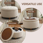WUTUTUEE 30Inch Round Storage Ottoman with Tray, Modern Tufted Fabric Circle Coffee Table with Storage, Upholstered Ottoman with Removable Top for Living Room, Bedroom, Khaki