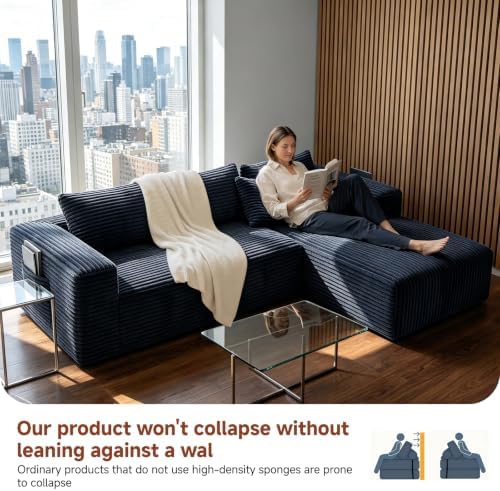 Couch ≈103" L-Shaped Sofa, Modular Sofa in Living Room Comfy Corduroy Fluffy Couch with Deep Seat and Side Pockets, Flexible Module Combination for Living Room (Black, 103IN)