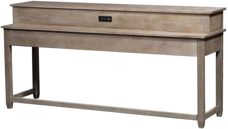 Pemberly Row 4 Piece Living Room Table Set, Pine Wood Console Bar Table w/Weathered Taupe Finish, Knotty Pine Veneers, USB & Power Ports, Linen Upholstered Stools, Space-Saving Multitasking Behind