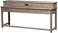 Pemberly Row 4 Piece Living Room Table Set, Pine Wood Console Bar Table w/Weathered Taupe Finish, Knotty Pine Veneers, USB & Power Ports, Linen Upholstered Stools, Space-Saving Multitasking Behind