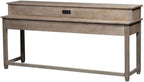 Pemberly Row 4 Piece Living Room Table Set, Pine Wood Console Bar Table w/Weathered Taupe Finish, Knotty Pine Veneers, USB & Power Ports, Linen Upholstered Stools, Space-Saving Multitasking Behind