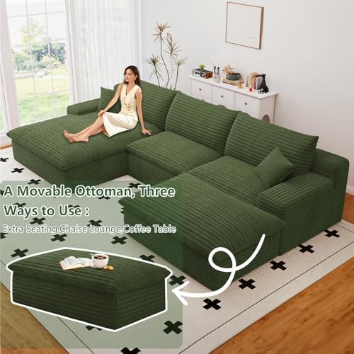 107" Cloud Couch Modular Sectional Sofa for Living Room, U-Shape Couch with Deep Seat, Modern Corduroy 3-Seater with Ottoman, No Assembly Required (Green,Left-Facing Chaise)