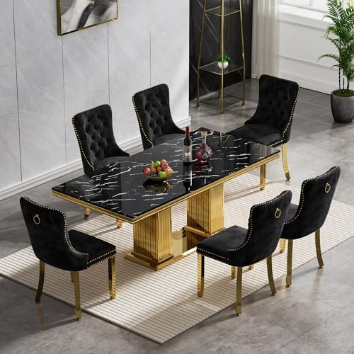 7-Piece Dining Table Set for 6, 68" Black Marble Kitchen Table with 6 Black Chairs,Modern Rectangle Dinner Table and Chairs Set with Double Column Stainless Steel Legs for Kitchen & Dining Room