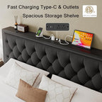 Einhomn King Size Bed Frame with 2 Storage Drawers, Metal Platform Bed with Charging Station, Upholstered Linen Button Tufted Storage Headboard, No Box Spring Needed, Noise-Free, Easy Assembly, Black