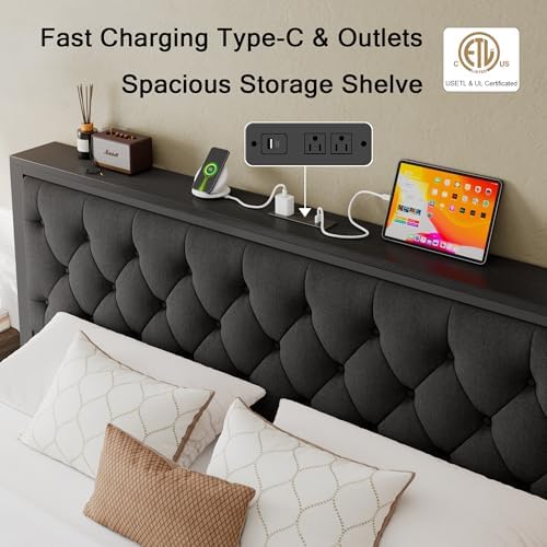 Einhomn King Size Bed Frame with 2 Storage Drawers, Metal Platform Bed with Charging Station, Upholstered Linen Button Tufted Storage Headboard, No Box Spring Needed, Noise-Free, Easy Assembly, Black