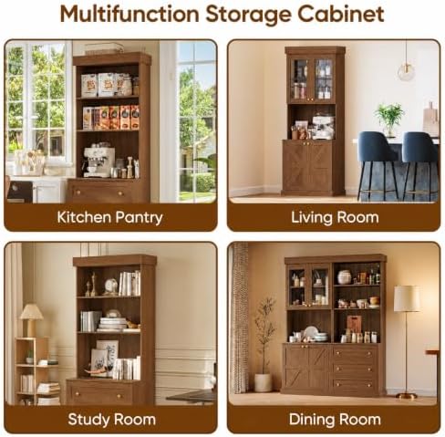 71" Farmhouse Kitchen Pantry Cabinet with Drawers, Set of 2 – Dark Brown Freestanding Coffee Bar Hutch with Adjustable Shelves, Large Storage Cabinet with Microwave Stand for Living Room & Kitchen
