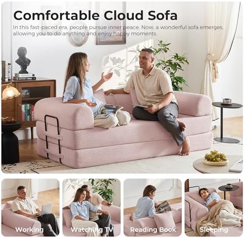 79" Convertible Sofa Bed, Couches for Living Room | Pink | Corduroy Futon Sofa Bed with Pocket Springs, Modular Sleeper Couch in a Box, No Assembly