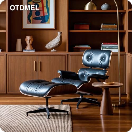 Mid Century Modern Top Grain Leather Chaise Lounge Chair & Ottoman | Modern Classic Recliner with Heavy Duty Base, Fixed Tilting for Living Room, Study, Lounge & Office, Walnut Black