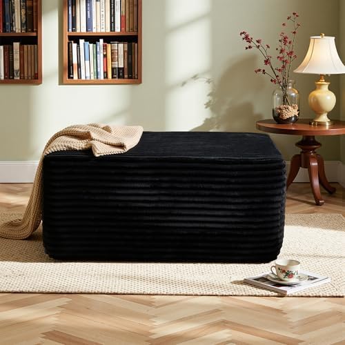 37" Square Cloud Couch Ottoman Footstool, Upholstered Foam Filling Footrest Ottomans for Couch,Large Seat,Soft Fluffy Foot Stool for Living Room Bedroom, No Assembly Required,Black,Plush Corduroy