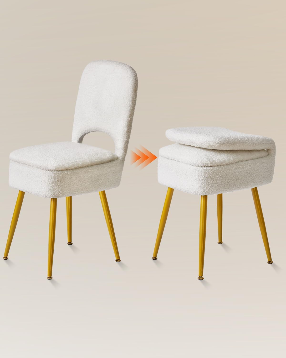 IBUYKE Small Storage Vanity Stool with Folding Backrest, 12.99" x 13.78" x 31.5" Square Teddy Velvet Ottoman, Makeup Chair for Living Room, 4 Metal Legs with Anti-Slip Feet, White WBD027W