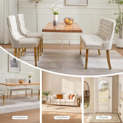 Beige Velvet Dining Bench with Back, Tufted Banquette Seating, Gold Legs | Upholstered loveseat bench; tufted back; nailhead trim; 500 lb capacity; foam and spring seat; dining room or entryway