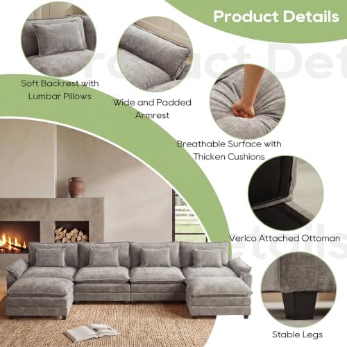 Oprisen 154" Modular Sectional Sofa, Comfy Deep Cloud Couch with Ottoman | U-Shaped Couches for Living Room, Modular Couch, Deep and Wide Seat, Chenille Sofa Sleeper with Throw Pillows, Light Grey