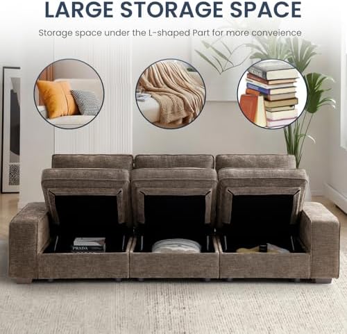 TEKAMON 100" Modular Sofa with Seats Storage, Comfy 3-Seater Chenille Fabric Couch for Living Room, Office, Apart W/Deep Seat, USB Charging, Upholstered Couch with Removable Cover(Brown)