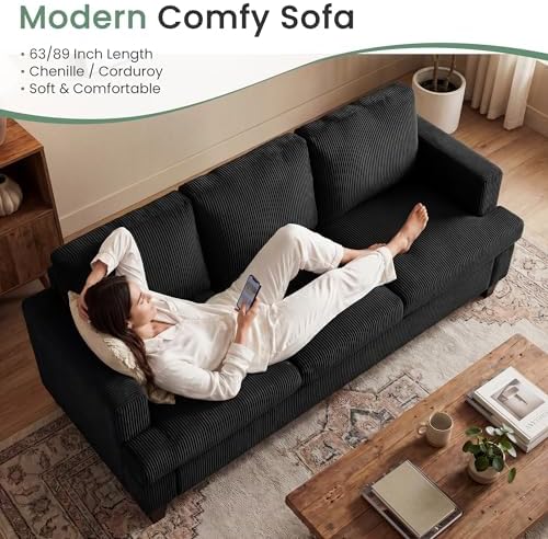 2 Pieces Corduroy Couch Set for Living Room, Black Cloud Sofa, Deep Seat Floor Couch for Bedroom, Futon Modern Sofa Sectional Bed, Black Corduroy