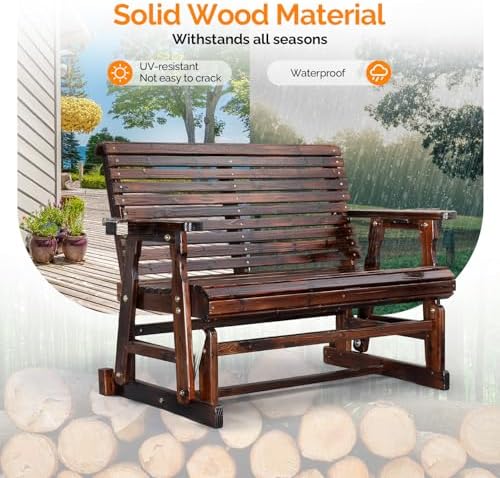 VINGLI Outdoor Glider Wood Patio Chair with Cup Holders, Outdoor Bench Glider Loveseat with Smooth Rocking Mechanism, Heavy Duty 800 LBS, Rustic