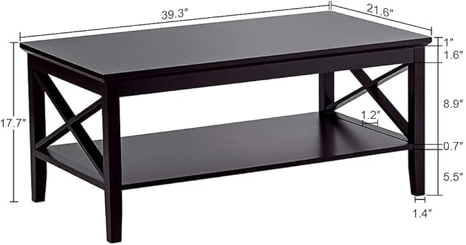 ChooChoo Oxford Coffee Table with Thicker Legs, Black Wood Coffee Table with Storage for Living Room