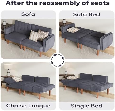 Furnify 71" Velvet Futon Sofa Bed, Versatile Loveseat Couch, Sleeper Sofa with Adjustable Backrest, Mid Century Modern Futon Couch for Small Space, Living Room, Office & Apartment, Velvet Fabric Grey