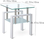 2pcs Modern Glass End Table - Two Tiered Clear Nightstand, Square Tempered Glass Tables with White Metal Frame for Living Room or Bedroom, Set of 2 17.72"x17.72"x20.47"H