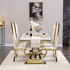 ACEDÉCOR 7 Piece Dining Table Set, Luxury White and Gold Kitchen and Dining Room Set for 6, Metal Circling Base Dining Table Set with White Leather Upholstered Dining Chairs