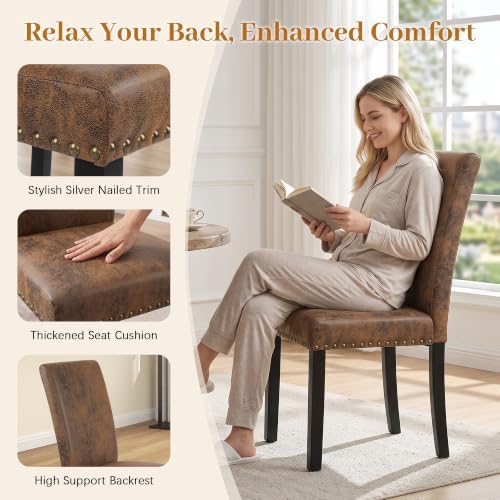 Dining Chairs Set of 4, Vintage Brown Kitchen Chairs with Nailhead Trim | Comfy Padded Parsons Chairs with Solid Wood Legs, Suitable for Dining Room, Kitchen, Restaurant