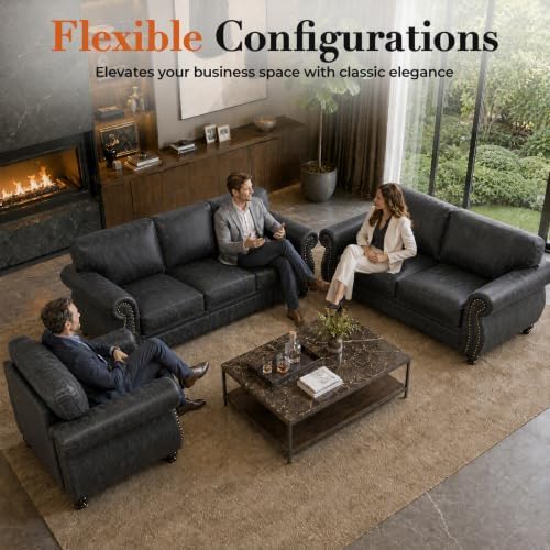 Couchus 88" W Living Room Furniture Sets, 3-Seater&Loveseat&Single, Grey | Faux Leather Fabric Sofa and Couch Sets, Mid-Century Sofa Set with Nailhead Trim