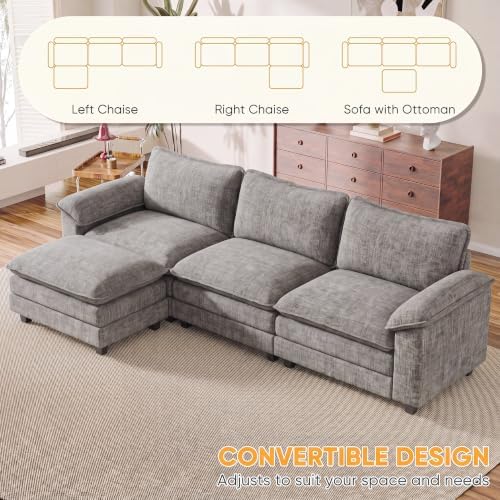 Homall 118.9" L Shaped Cloud Couch, Modular Sectional Sofa for Living Room | Comfy Chenille, Movable Ottoman, 30" Deep Seat, Washable Cover, Sturdy Frame, High-Density Foam, Easy Assembly, Light Grey
