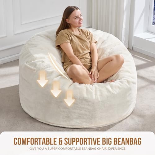 Hobestluk Adult Bean Bag Chair 4FT Large Lounger with Plush Cover, White | Memory Foam Filled, Removable and Washable Cover, Portable Handle, Relaxing, Reading, Large, Skin-Friendly Plush Faux Fur