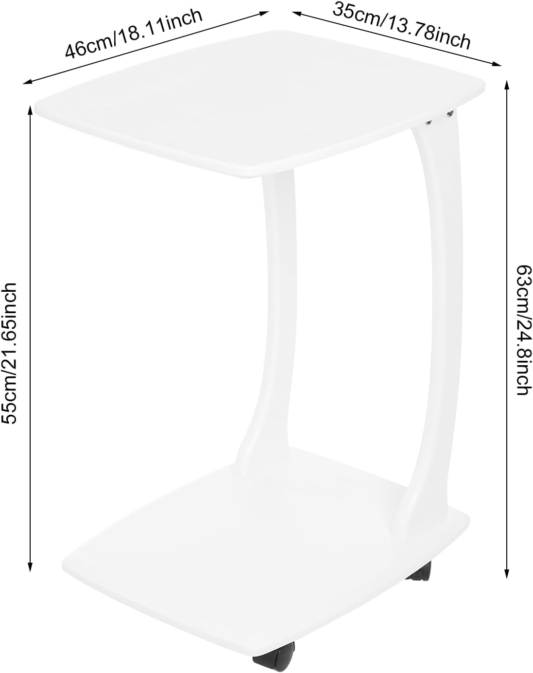 Solid Wood End Table, C-Shaped Side Table with Wheels, TV Tray Table, Couch Table That Slide Under for Small Space, Living Room, Bedroom (White)