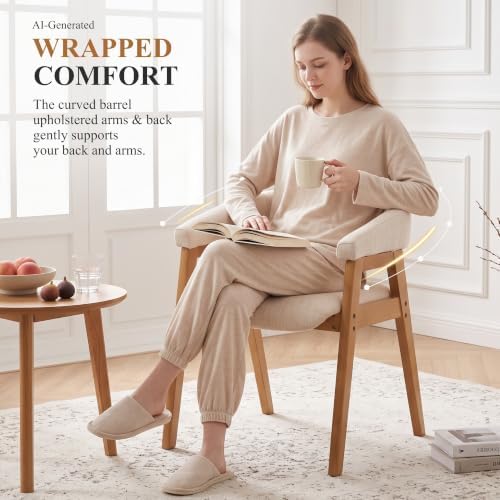 CIMOTA Modern Barrel Dining Chairs with Arms Set of 2, Upholstered Fabric Kitchen & Dining Room Chairs with Open Back/Solid Wood Legs, Comfortable Side Chairs, Linen Beige