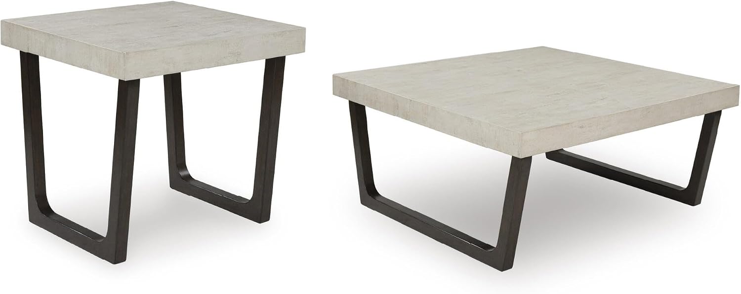 Signature Design by Ashley Westenfort 2-Piece Square Coffee Table Set | Square coffee table and end table sets with light gray faux cement melamine laminate tops, Dark espresso brown hardwood legs