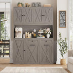 HOSTACK 71" Kitchen Pantry with 12.5 Gallon Double Trash Can Cabinet, Grey | Farmhouse Garbage Can Cabinet with Pull Out Trash Can Storage, 47"W Kitchen Hutch with Hidden Garbage Storage for Dining Room