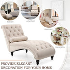SLEERWAY Chaise Lounge Chair Indoor, Modern Velvet Upholstered Sofa with Solid Wooden Leg and Lumbar Pillow, Button Tufted Sleeper Chaise Lounge Chairs for Bedroom Living Room Office, Beige