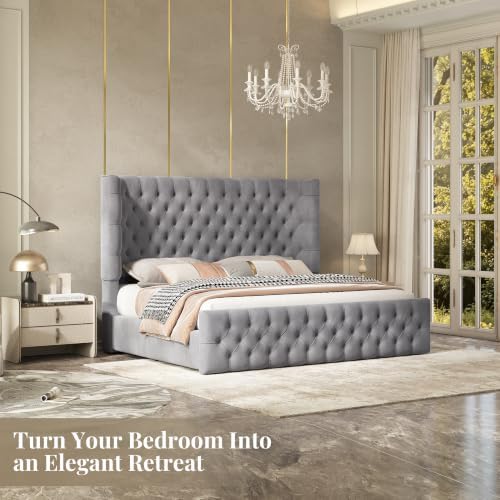 Jocisland King Bed Frame Upholstered Wingback Headboard & Footboard,Grey