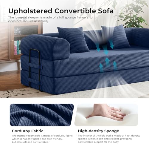79" Convertible Sofa Bed, Couches for Living Room | Navy Blue | Corduroy Futon Sofa Bed with Pocket Springs, Modular Sleeper Couch in a Box, No Assembly